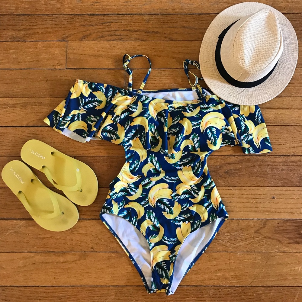 Banana Print Off Shoulder One Piece Bathing Suit